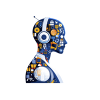 digital illustration of human profile filled with technology icons, including gears, headphones, and network symbols, representing artificial intelligence and connectivity png