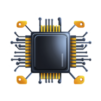 digital illustration of microchip with metallic and orange elements, showcasing intricate circuit details and futuristic design. image highlights technology and innovation png