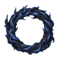 This features circular wreath made of swirling blue and black flames creating dynamic and mystical appearance. design is both artistic and abstract evoking sense of movement and energy png