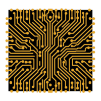 detailed illustration of microchip with intricate gold circuitry patterns on transparency background, showcasing complexity and precision of modern technology png