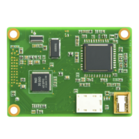 green circuit board with various electronic components, including microchips and connectors, is shown. board features compact design with focus on connectivity and processing capabilities png