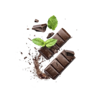 A Rich dark chocolate bars with mint leaves and cocoa powder splash, creating dynamic and indulgent composition png