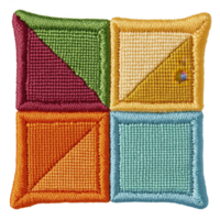 A This features colorful, embroidered patch with geometric design, showcasing four squares in red, green, yellow, and blue, each with unique texture and small decorative element png