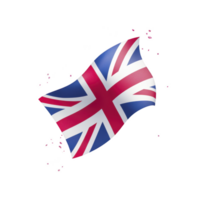 An image shows waving United Kingdom flag with glossy finish, featuring iconic red, white, and blue colors. flag is isolated on transparency background, emphasizing its vibrant design png