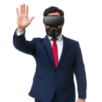 man in suit wearing virtual reality goggles raises his hand, appearing engaged and focused. formal attire contrasts with futuristic technology, creating dynamic and intriguing scene png