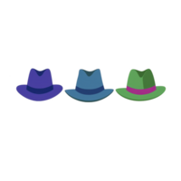 A Three colorful fedora hats in blue, teal, and green with contrasting bands are displayed side by side on transparency background png
