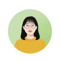 A digital illustration of woman with glasses and yellow sweater, set against green circular background. style is simple and modern, emphasizing clean lines and minimalist aesthetic png