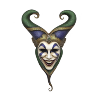 A colorful jester mask with intricate details, featuring green and purple hues, smiling expression, and ornate patterns. mask has horn like extensions and whimsical design png