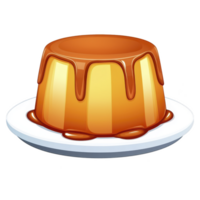 A delicious caramel flan dessert with glossy caramel topping sits on white plate, showcasing its smooth texture and rich color png