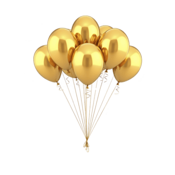 un racimo de brillante dorado globos atado juntos con instrumentos de cuerda, flotante en contra llanura fondo, creando festivo y celebración atmósfera png