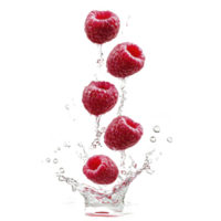 A Five fresh raspberries splash into clear water, creating dynamic motion and droplets. vibrant red berries contrast against transparent liquid, highlighting freshness and vitality png