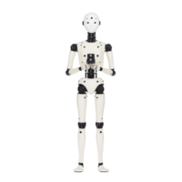 A humanoid robot with white and black design stands holding device, showcasing advanced technology and robotics png