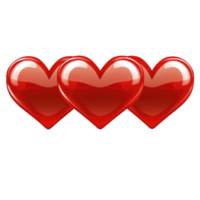 A Three glossy red hearts are aligned in row, symbolizing love and affection. shiny surface of each heart reflects light, enhancing their vibrant appearance against plain background png