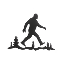 A silhouette of large, mythical creature resembling Bigfoot walking among pine trees, evoking mystery and folklore. image is simple and iconic, capturing essence of wilderness legends png