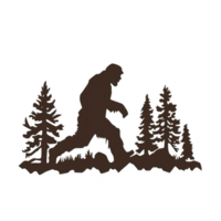 A silhouette of large, mythical creature resembling Bigfoot is depicted walking among trees in forest setting, evoking sense of mystery and adventure png