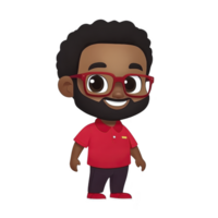 A cheerful cartoon character with glasses, beard, and red outfit stands smiling. character has friendly expression and is depicted in simple, colorful style png