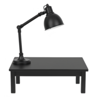 A black adjustable desk lamp sits on simple black table, creating minimalist and modern workspace aesthetic. lamp design is industrial, with focus on functionality and style png