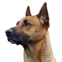 A close up of brown dog with pointed ears and focused expression, showcasing its alertness and attentive nature. dog short fur and strong features are highlighted against plain background png