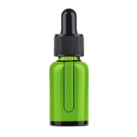 A green glass dropper bottle with black cap, ideal for essential oils or serums, isolated on transparency background. sleek design and vibrant color make it visually appealing png