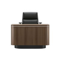 A sleek, modern office desk with wooden finish and black leather chair, perfect for professional workspace. design is minimalist, emphasizing functionality and style png