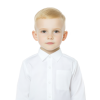 A young boy with blonde hair wearing white shirt stands against plain background, looking directly at camera with calm expression png