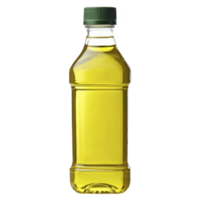 A clear plastic bottle filled with golden yellow oil and green cap, isolated transparency background. bottle is transparent, showcasing rich color of oil inside, and is suitable for cooking or png