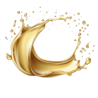 A dynamic splash of golden liquid forms elegant crescent shape, with droplets suspended in mid air, creating sense of motion and luxury png