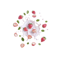A Fresh strawberries and green leaves are artistically arranged around splash of pink yogurt, creating dynamic and vibrant composition. image captures essence of freshness and vitality png