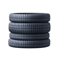 A Four stacked car tires with black rubber texture, showcasing detailed tread pattern, isolated transparency background. image highlights durability and design of automotive tires, suitable for png