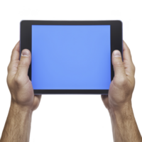 A Two hands holding tablet with blank blue screen, isolated on transparency background. image focuses on device, suggesting technology and digital communication png