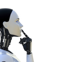 A humanoid robot with thoughtful expression, featuring sleek design and visible mechanical components, is depicted against plain background png