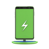 A smartphone with green screen displaying white lightning bolt icon, indicating wireless charging on charging pad png