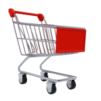 A shiny metal shopping cart with red handle and front panel stands empty against transparency background, highlighting its sleek design and functionality png