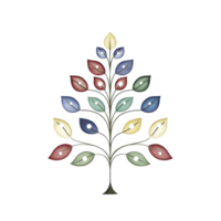 A decorative metal wall art piece features tree with colorful leaves in red, blue, yellow, and green, each adorned with small clock faces, creating unique and artistic timepiece png