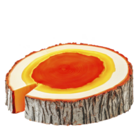 A vibrant, colorful cake designed to resemble tree trunk with slice cut out, showcasing layers of red, orange, and yellow. realistic bark texture adds natural touch png
