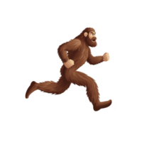 A cartoon illustration of Bigfoot running energetically, showcasing its furry brown appearance and dynamic movement. creature is depicted side view, emphasizing its large size and mythical nature png