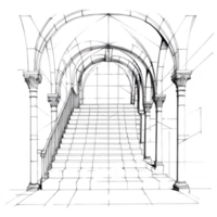 A detailed sketch of grand staircase with arched ceilings and ornate columns, showcasing intricate architectural design. perspective draws viewer eye upward, emphasizing elegance and grandeur of png