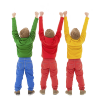 A Three children in colorful outfits stand with their backs to camera, raising their arms in celebration. vibrant clothing includes green, red, and yellow tops paired with blue and red pants png