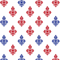 A This features seamless pattern of red and blue damask motifs transparency background, creating classic and elegant design. intricate floral elements add touch of sophistication and style png