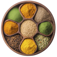 A round wooden tray holds vibrant assortment of spices and seeds, including turmeric, coriander, and quinoa, arranged in separate sections, showcasing colorful and aromatic display png