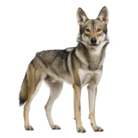 A majestic wolfdog stands confidently, showcasing its striking fur pattern and alert expression. animal posture and gaze convey sense of strength and intelligence png