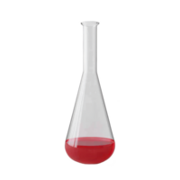 clear glass flask with long neck contains vibrant red liquid, suggesting scientific or laboratory setting. flask elegant shape and liquid rich color create striking visual contrast png