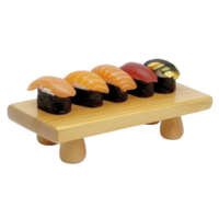 A wooden sushi platter displays variety of sushi pieces, including salmon, tuna, and avocado, arranged neatly. vibrant colors and textures create appetizing presentation png