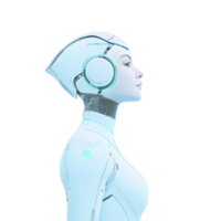 futuristic humanoid robot with sleek white and blue design stands in profile, showcasing advanced technology and elegance. robot smooth features and glowing accents highlight its modernity png