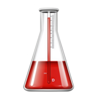 glass Erlenmeyer flask filled with red liquid and thermometer inside, used in scientific experiments. flask is marked with measurement lines, indicating volume png