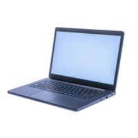 sleek, modern laptop with blank screen is open, showcasing its keyboard and touchpad. device is angled to right, highlighting its slim design and multiple ports on side png