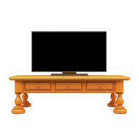 sleek, modern flat screen TV sits on classic wooden TV stand with ornate legs and three drawers, blending contemporary technology with traditional design png
