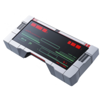 sleek, futuristic handheld device with digital interface displaying various data and graphs, featuring metallic frame and black screen with red and green accents png