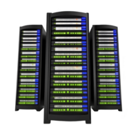row of three black server racks with glowing green and blue lights, representing data storage and network infrastructure in modern data center png