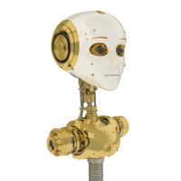 futuristic humanoid robot with sleek white and gold design, featuring expressive eyes and intricate mechanical details, showcases advanced technology and innovation png